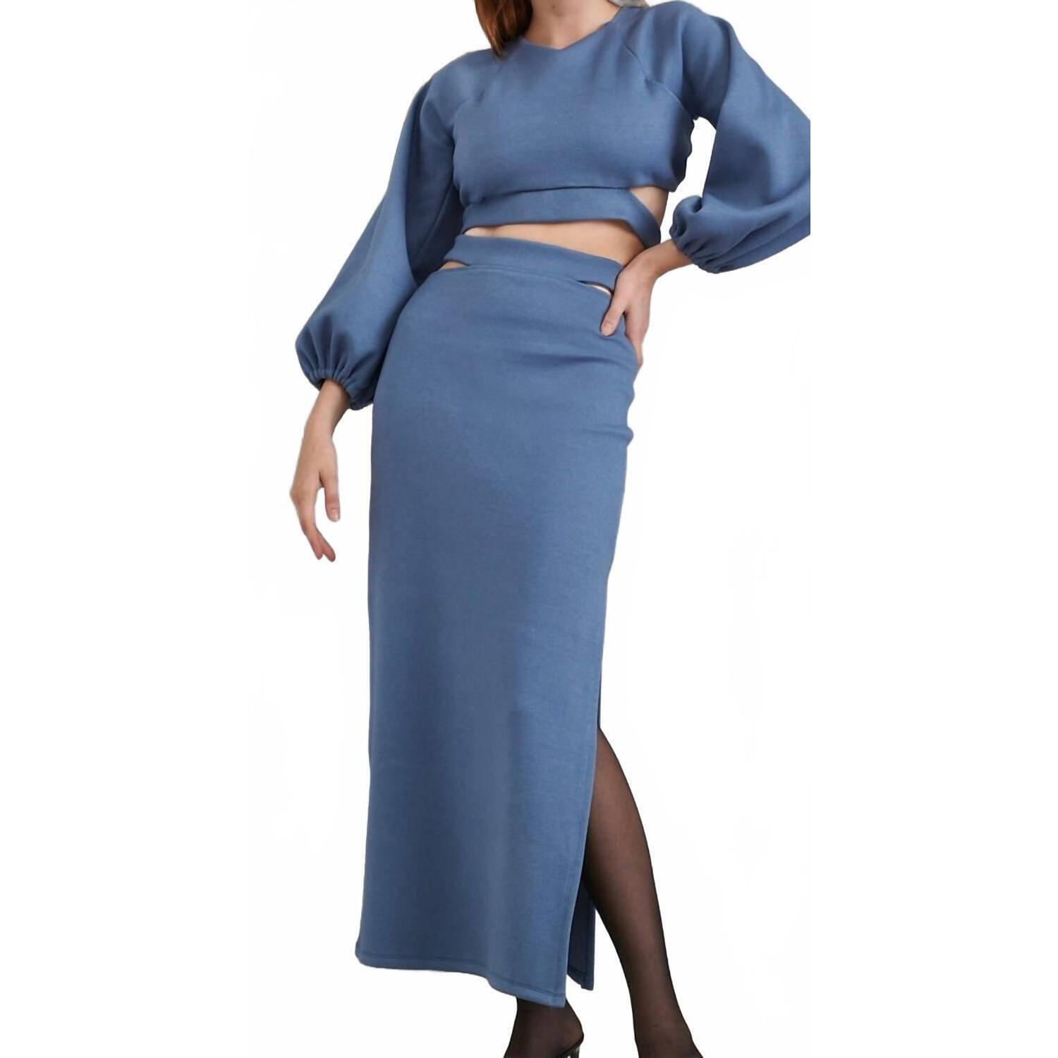 New Lace Maxi Skirt With Slit In Steel Blue